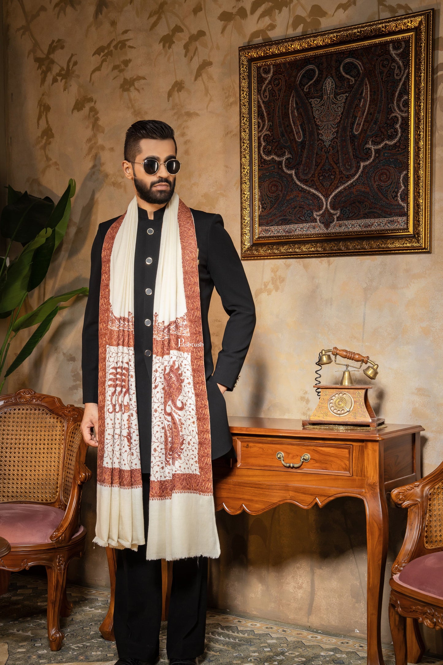 Pashtush India Mens Shawls Gents Shawl Pashtush Mens Shawl, Kashmiri Embroidery, Soft and Warm, Palla Design Intricate stitch, Ivory