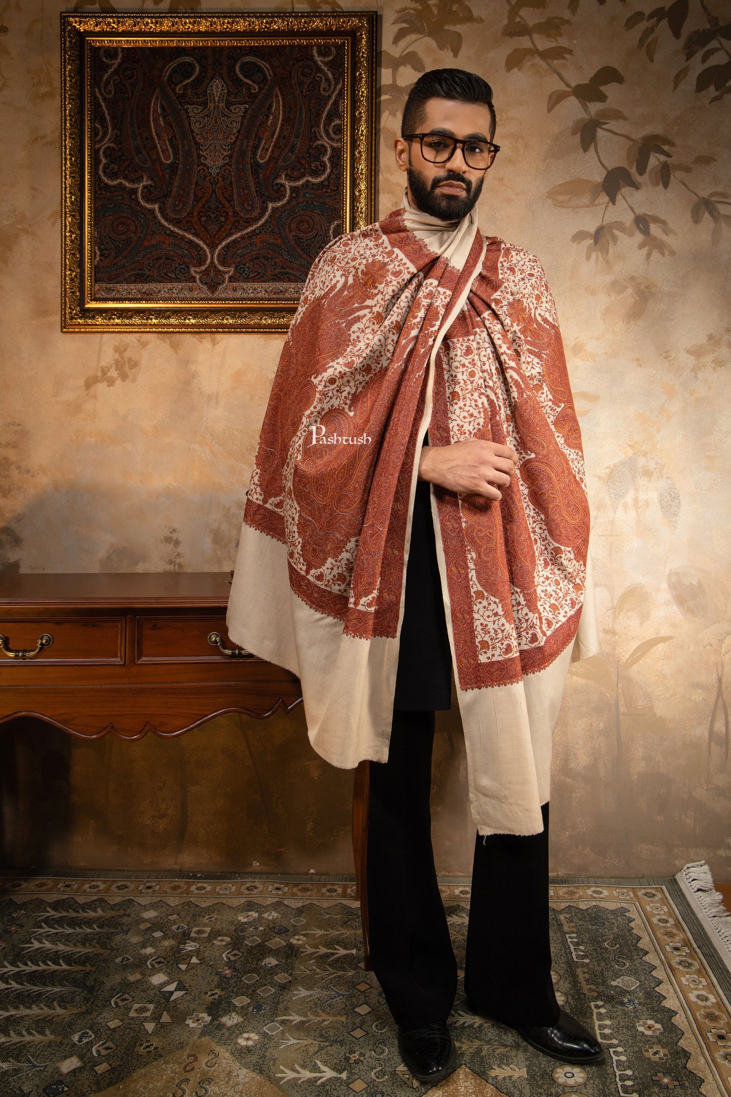 Pashtush India Mens Shawls Gents Shawl Pashtush Mens Shawl, Kashmiri Embroidery, Soft and Warm, Palla Design, Intricate stitch, Taupe