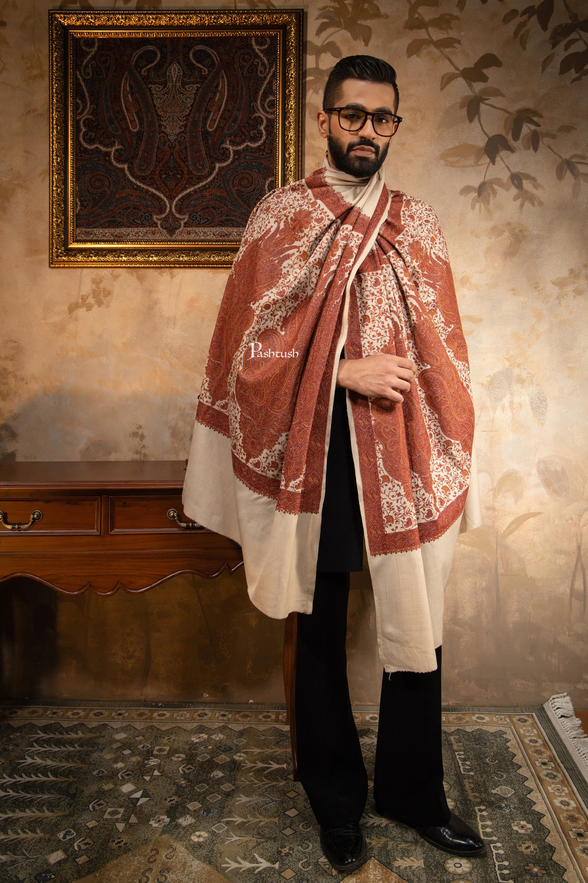 Pashtush India Mens Shawls Gents Shawl Pashtush Mens Shawl, Kashmiri Embroidery, Soft and Warm, Palla Design, Intricate stitch, Taupe