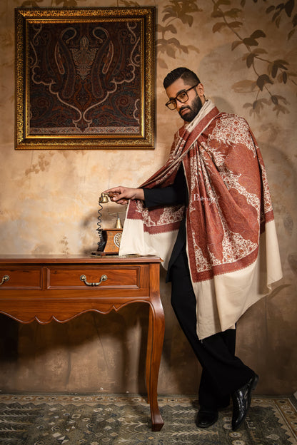 Pashtush India Mens Shawls Gents Shawl Pashtush Mens Shawl, Kashmiri Embroidery, Soft and Warm, Palla Design, Intricate stitch, Taupe