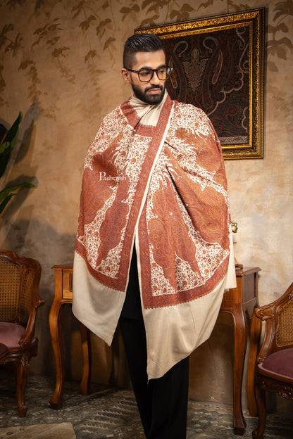 Pashtush India Mens Shawls Gents Shawl Pashtush Mens Shawl, Kashmiri Embroidery, Soft and Warm, Palla Design, Intricate stitch, Taupe