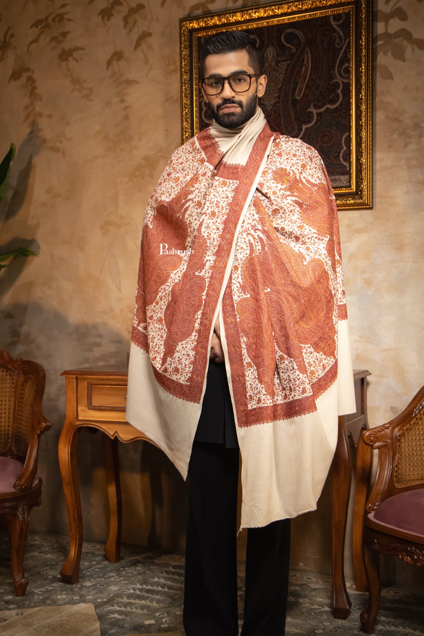 Pashtush India Mens Shawls Gents Shawl Pashtush Mens Shawl, Kashmiri Embroidery, Soft and Warm, Palla Design, Intricate stitch, Taupe