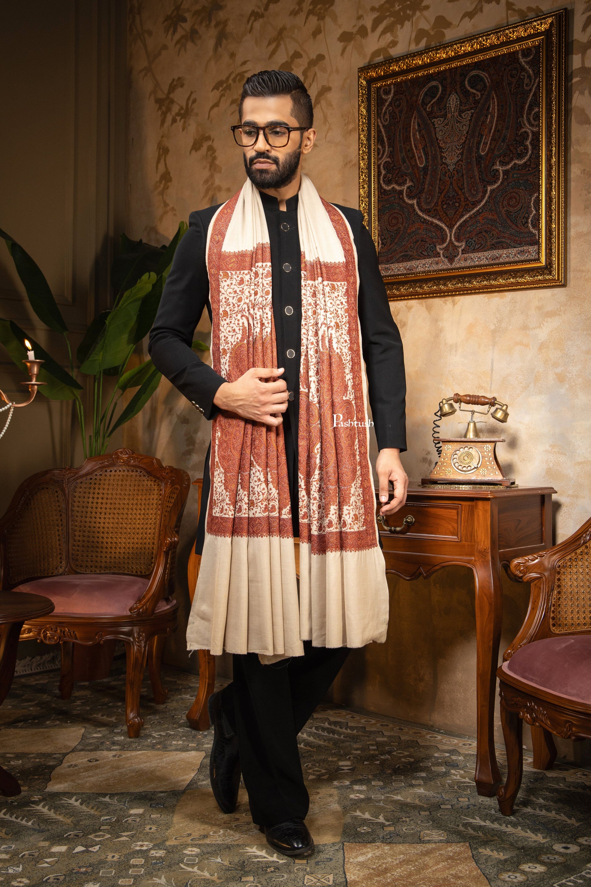 Pashtush India Mens Shawls Gents Shawl Pashtush Mens Shawl, Kashmiri Embroidery, Soft and Warm, Palla Design, Intricate stitch, Taupe