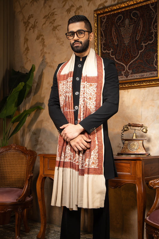 Pashtush India Mens Shawls Gents Shawl Pashtush Mens Shawl, Kashmiri Embroidery, Soft and Warm, Palla Design, Intricate stitch, Taupe