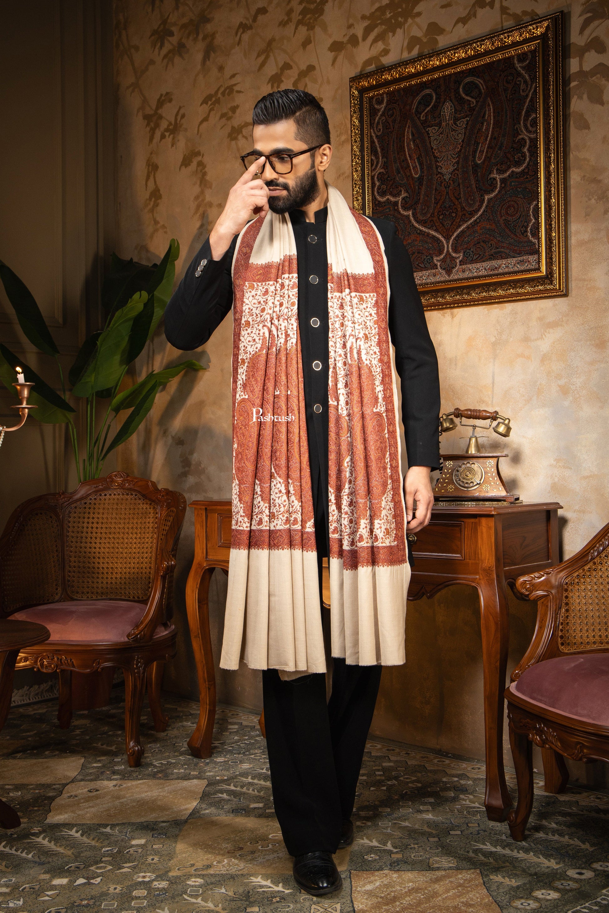 Pashtush India Mens Shawls Gents Shawl Pashtush Mens Shawl, Kashmiri Embroidery, Soft and Warm, Palla Design, Intricate stitch, Taupe