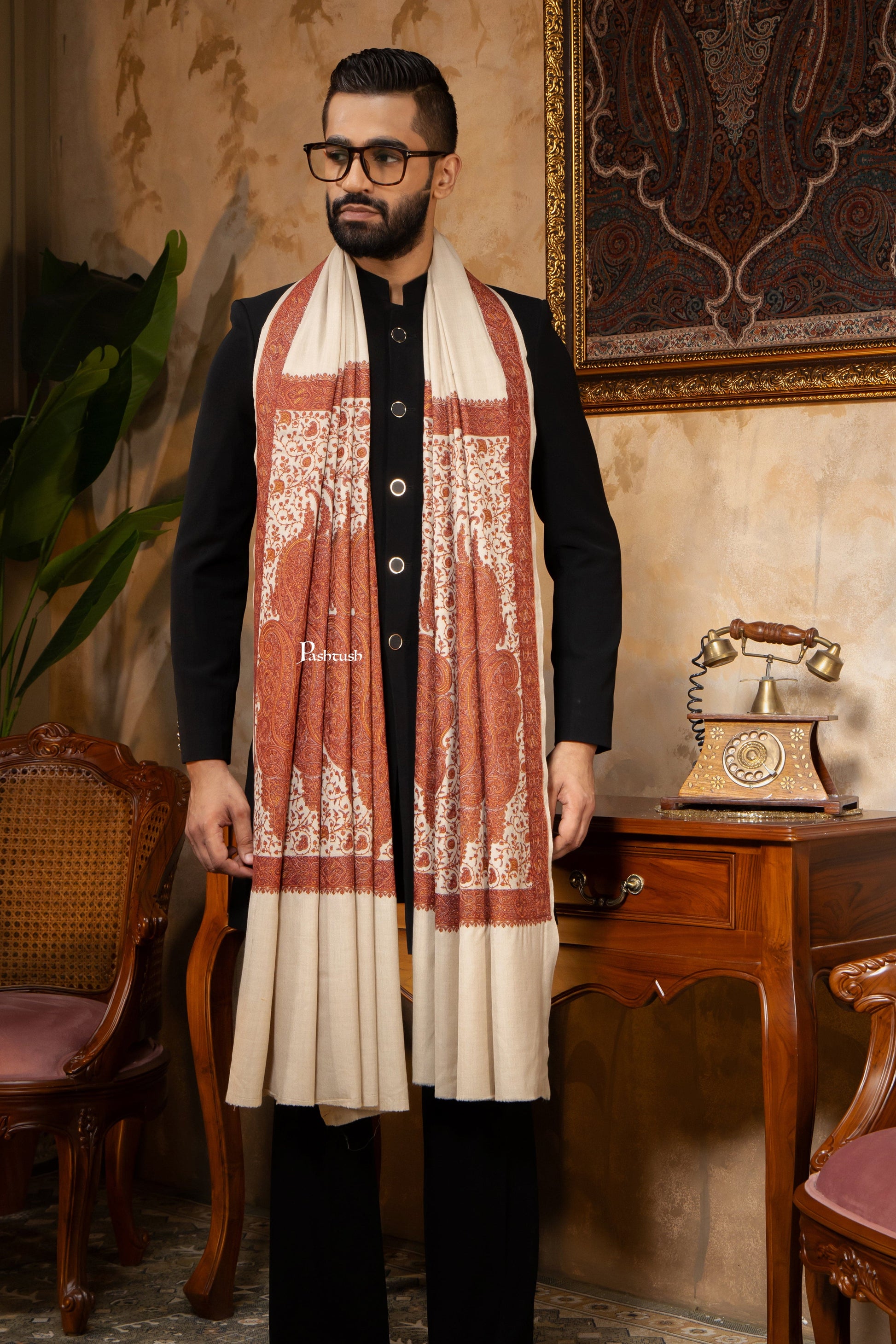 Pashtush India Mens Shawls Gents Shawl Pashtush Mens Shawl, Kashmiri Embroidery, Soft and Warm, Palla Design, Intricate stitch, Taupe