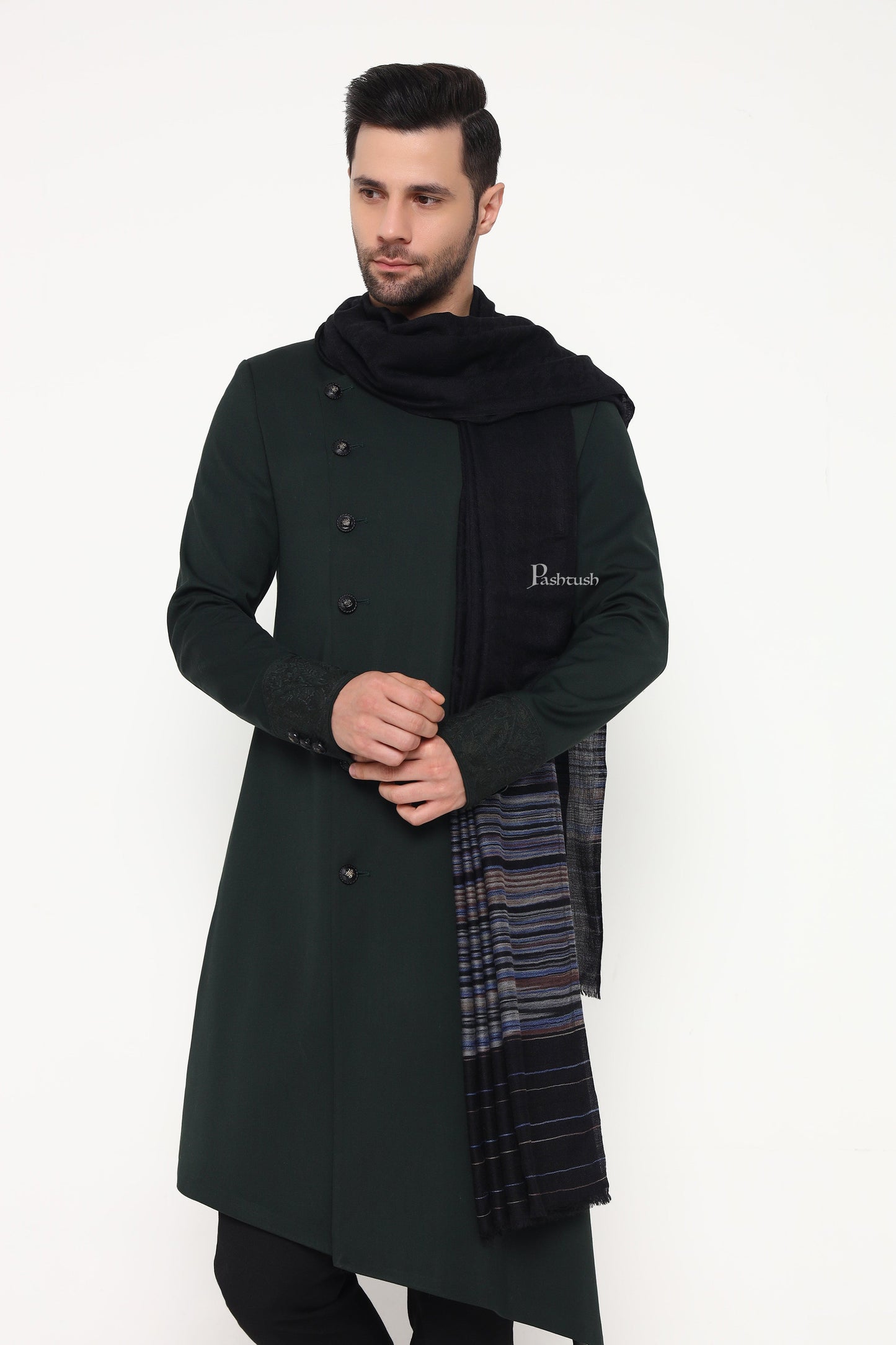 Pashtush India Mens Shawls Gents Shawl Pashtush Mens Shawl, Reversible Design, Black