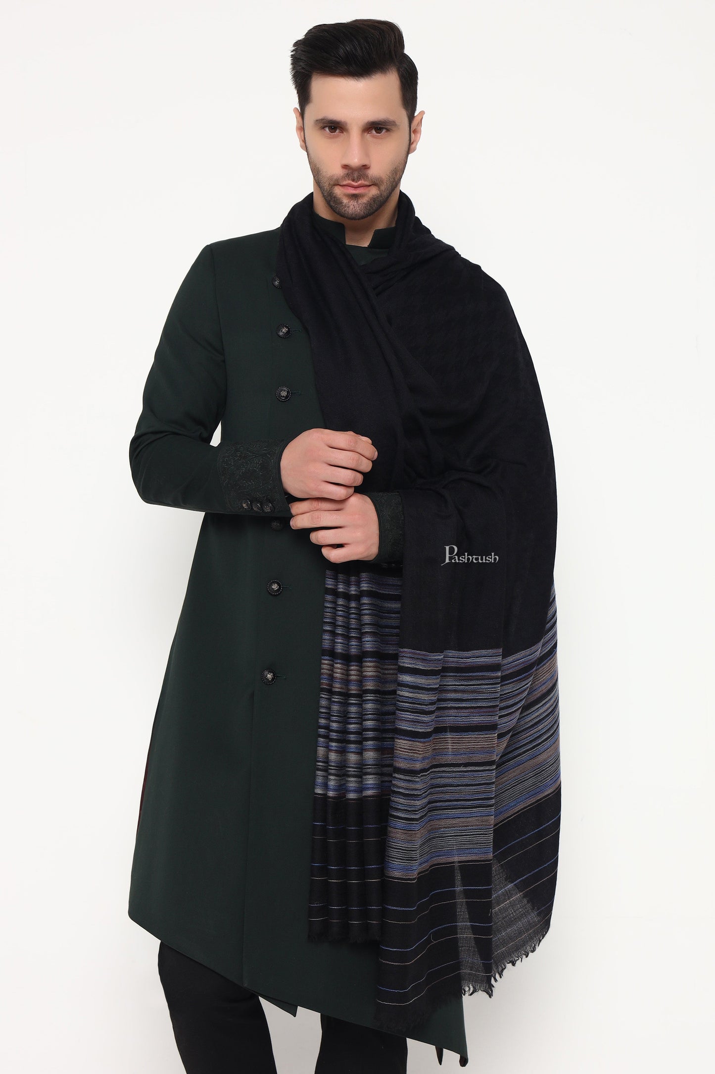 Pashtush India Mens Shawls Gents Shawl Pashtush Mens Shawl, Reversible Design, Black