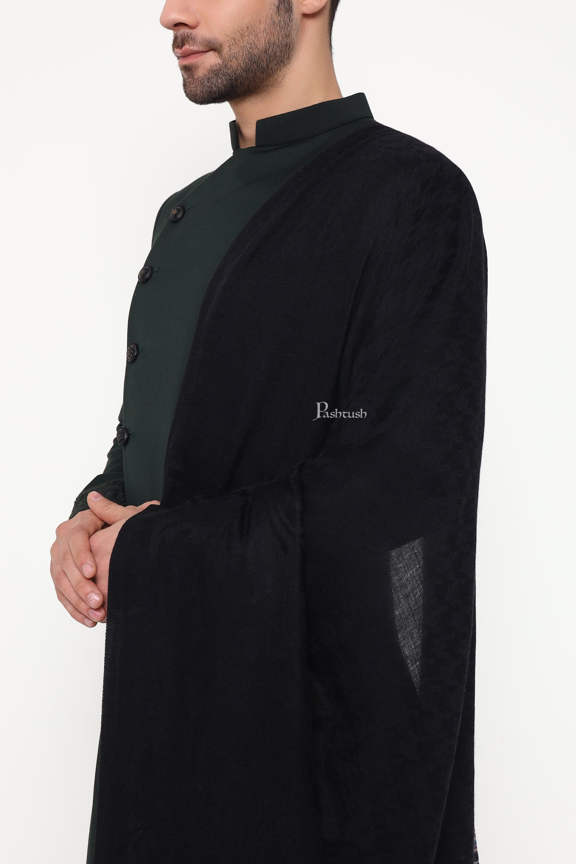 Pashtush India Mens Shawls Gents Shawl Pashtush Mens Shawl, Reversible Design, Black