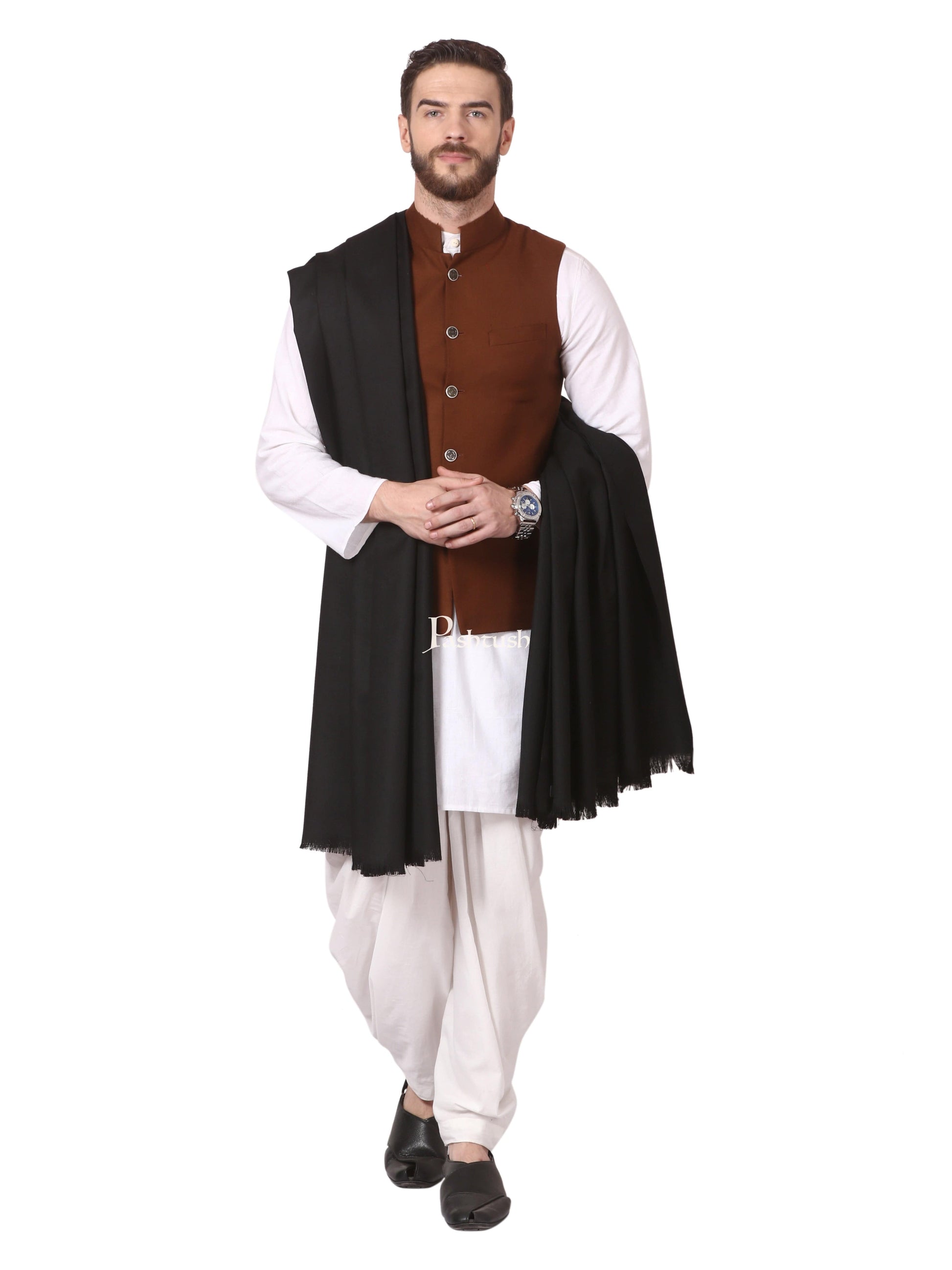 Pashtush India Mens Shawls Gents Shawl Pashtush Mens Shawl, Thick Lohi, 50% Australian Merino Wool, Black