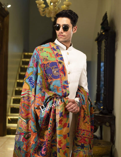 Pashtush India 100x200 Pashtush Mens Shikaar-dar Hand Embroidered, Shawl in Pure Wool (certified)