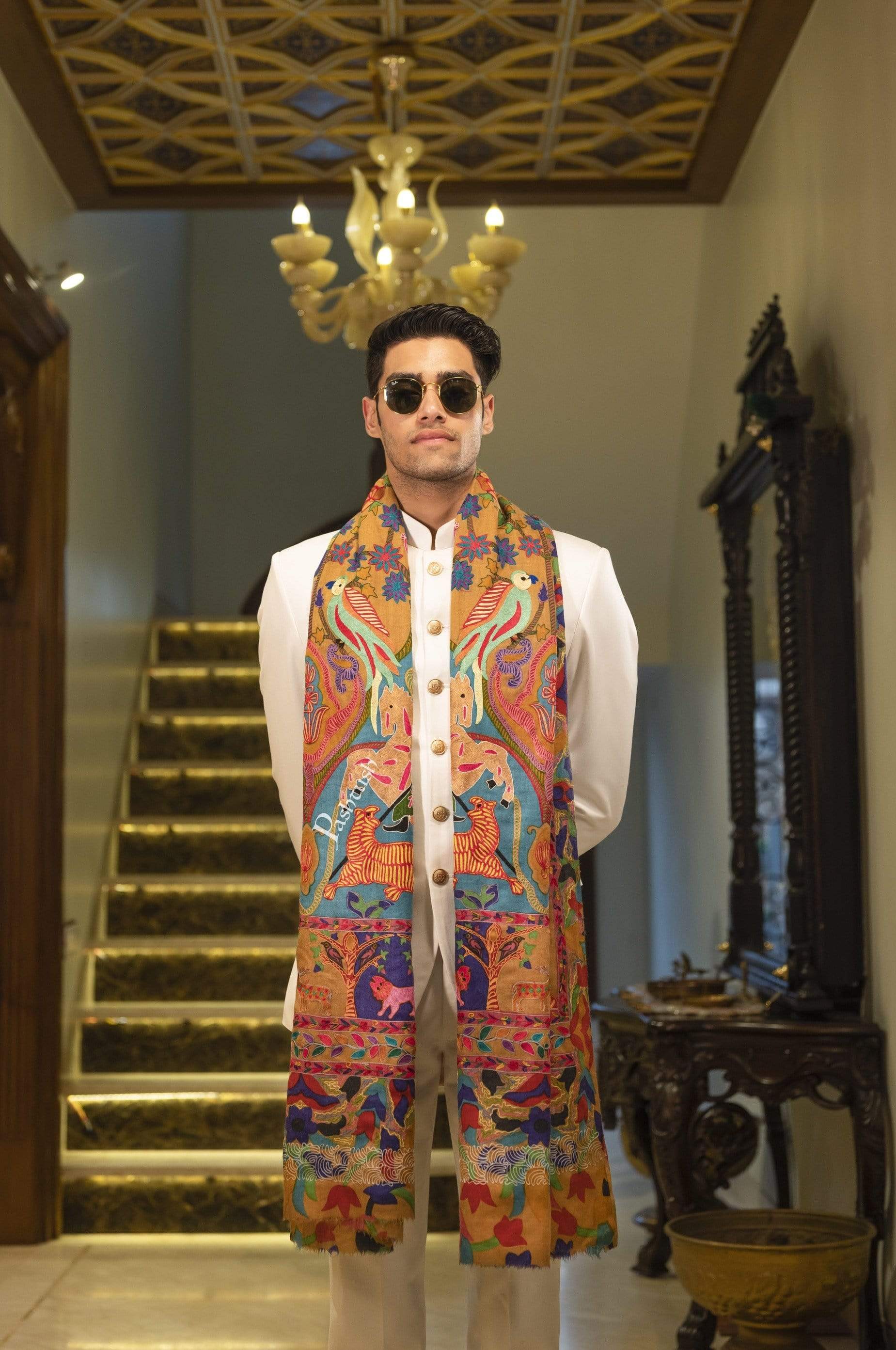 Pashtush India 100x200 Pashtush Mens Shikaar-dar Hand Embroidered, Shawl in Pure Wool (certified)