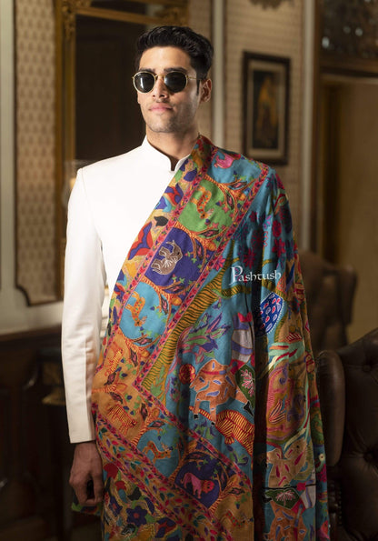 Pashtush India 100x200 Pashtush Mens Shikaar-dar Hand Embroidered, Shawl in Pure Wool (certified)