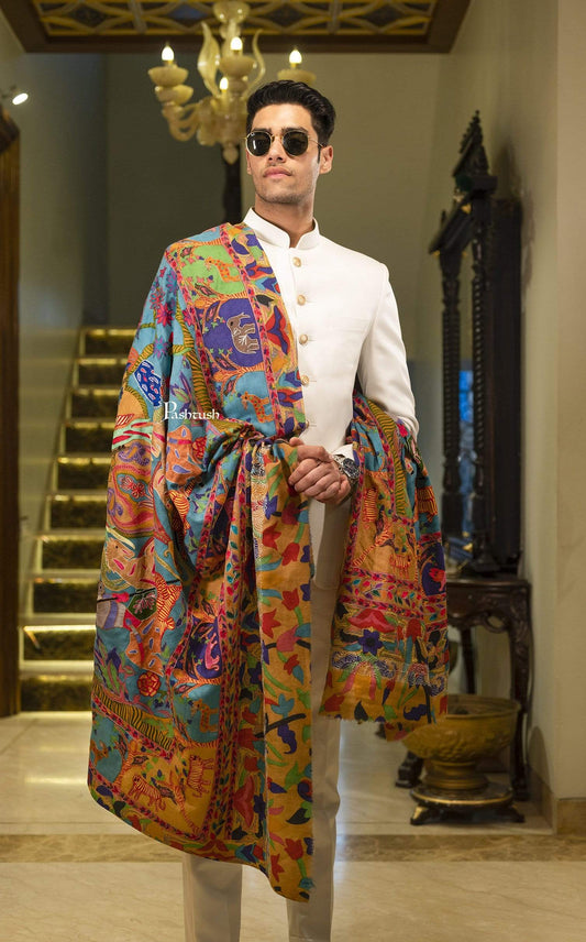 Pashtush India 114x228 Pashtush Mens Shikaar-dar Hand Embroidered, Shawl in Pure Wool (certified)