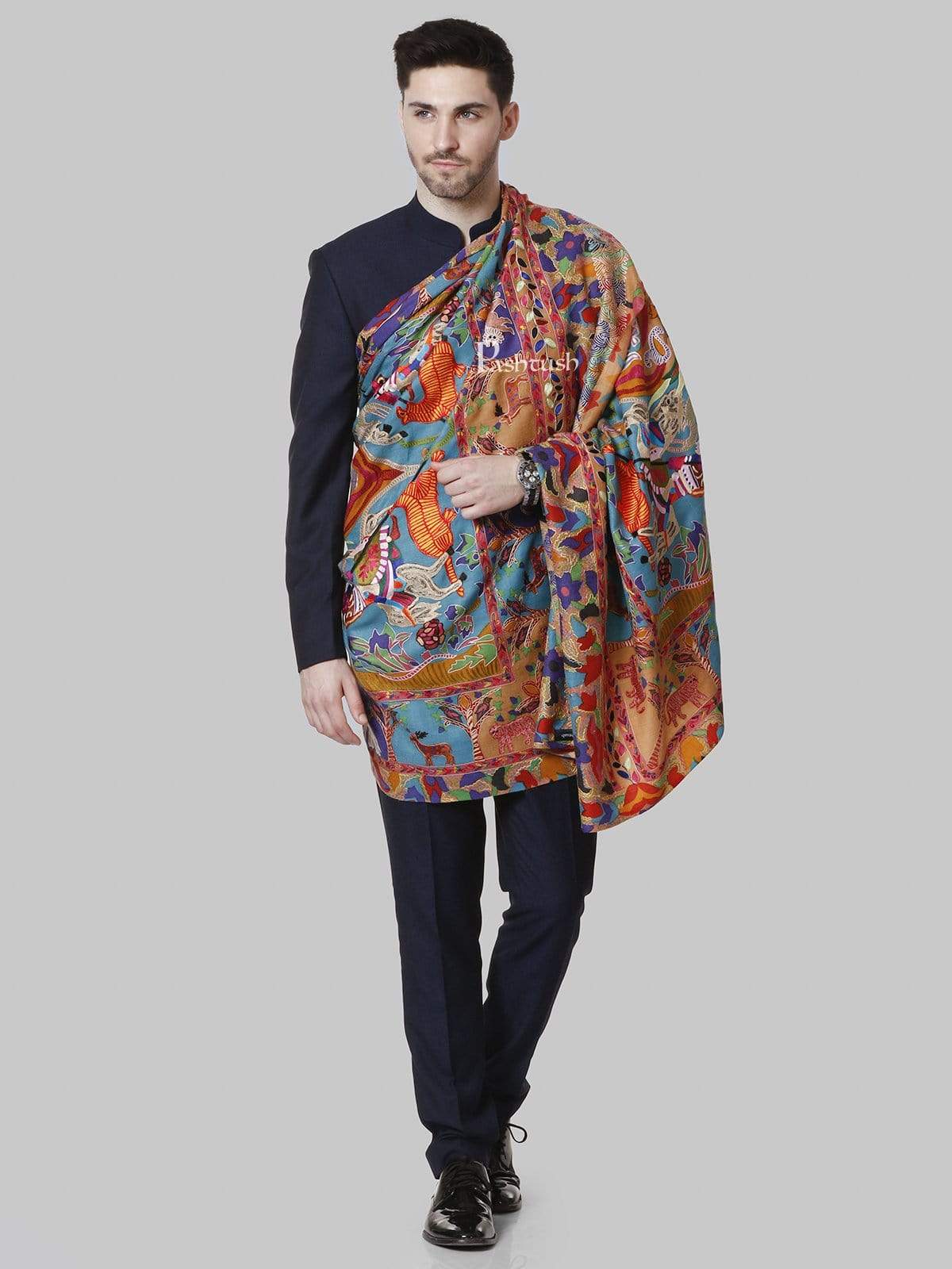 Pashtush India 114x228 Pashtush Mens Shikaar-dar Hand Embroidered, Shawl in fine wool