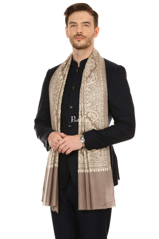 Pashtush India Mens Scarves Stoles and Mufflers Pashtush Mens Silk-Fine Wool Fine Wool, Nalki Embroidery Needlework Stole - Beige