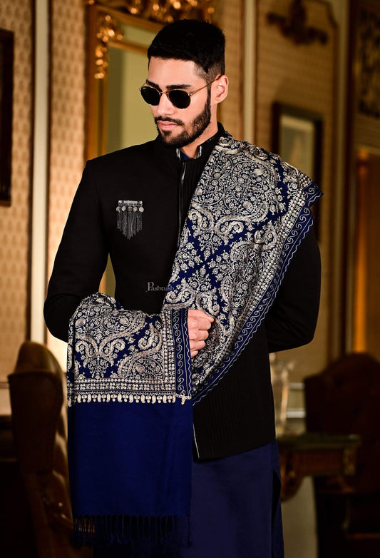 Pashtush India 70x200 Pashtush Mens Silk-Pashmina Fine Wool, Nalki Embroidery Needlework Stole