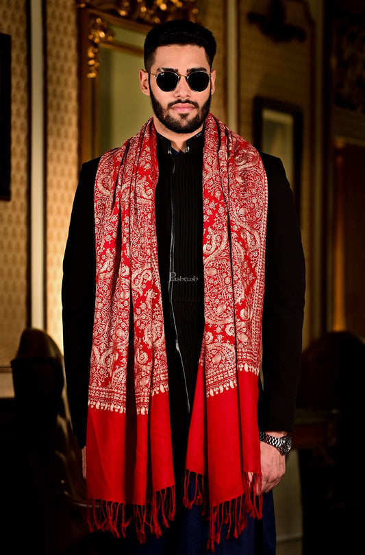Pashtush India 70x200 Pashtush Mens Silk-Pashmina Fine Wool, Nalki Embroidery Needlework Stole