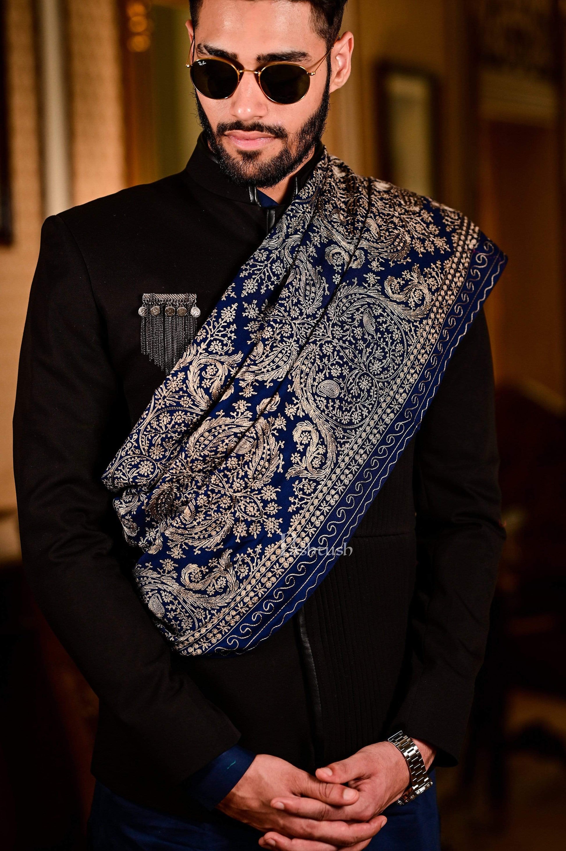 Pashtush India 70x200 Pashtush Mens Silk-Pashmina Fine Wool, Nalki Embroidery Needlework Stole