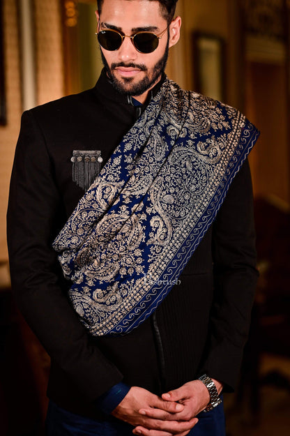 Pashtush India 70x200 Pashtush Mens Silk-Pashmina Fine Wool, Nalki Embroidery Needlework Stole