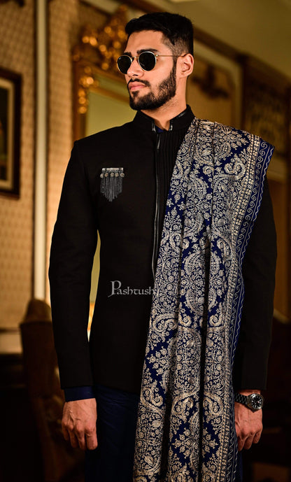 Pashtush India 70x200 Pashtush Mens Silk-Pashmina Fine Wool, Nalki Embroidery Needlework Stole