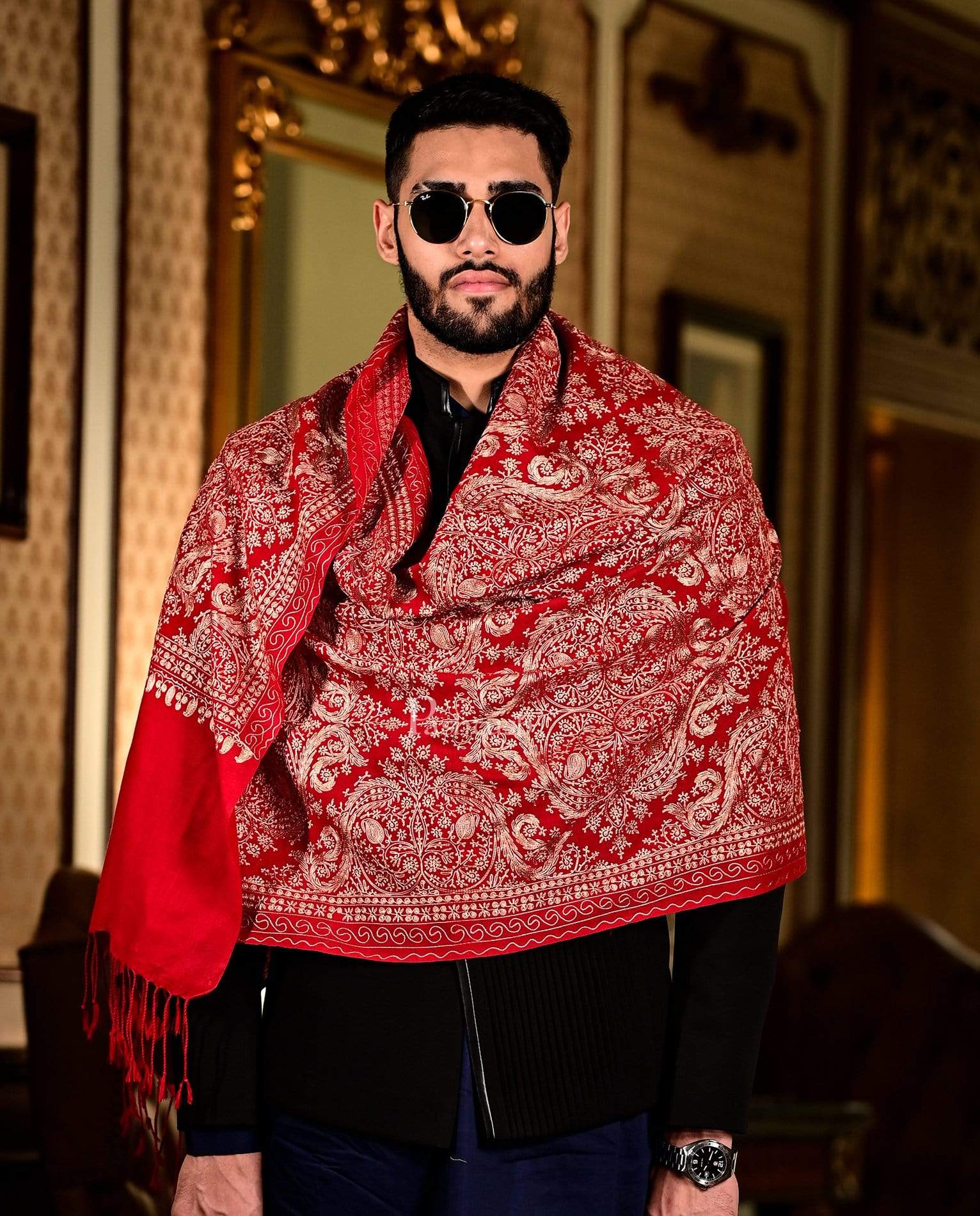 Pashtush India 70x200 Pashtush Mens Silk-Pashmina Fine Wool, Nalki Embroidery Needlework Stole