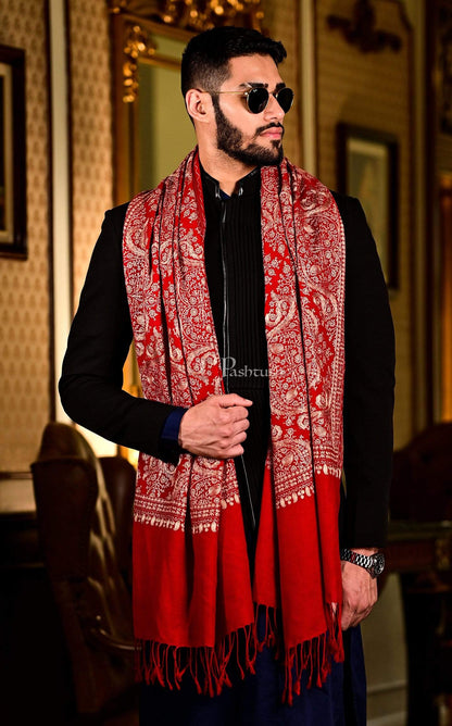 Pashtush India 70x200 Pashtush Mens Silk-Pashmina Fine Wool, Nalki Embroidery Needlework Stole