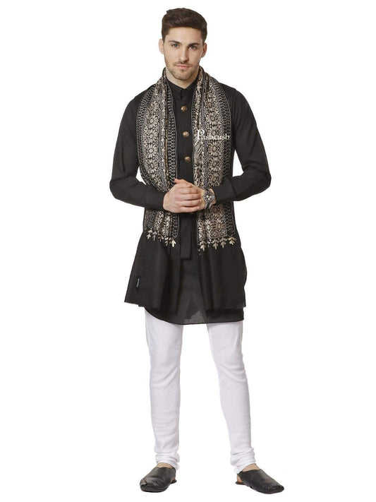 Pashtush India 70x200 PASHTUSH MENS SILK-Wool FINE WOOL, NALKI EMBROIDERY NEEDLEWORK STOLE