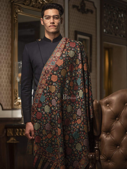 Pashtush India Mens Scarves Stoles and Mufflers Pashtush Mens Soft Wool, Ethnic Weave Stole, Gulaab-Dar, Black