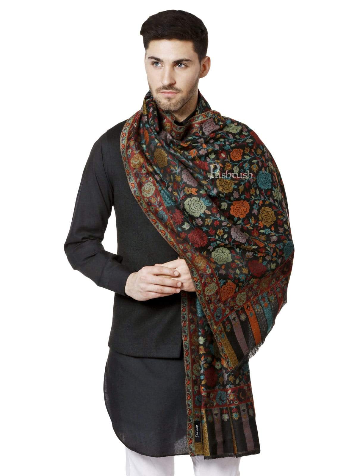 Pashtush India 70x200 Pashtush Mens Soft Wool, Kaani Weave Stole, Gulaab-dar, Black