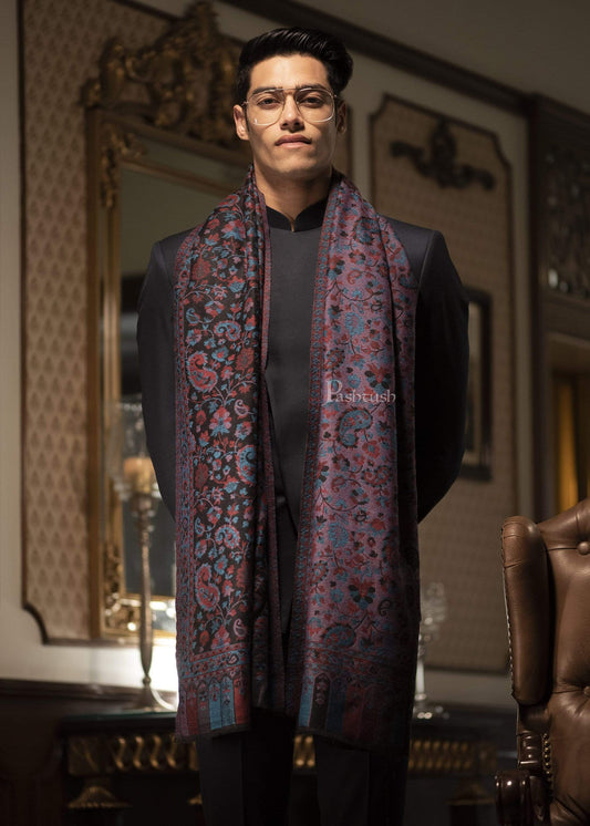 Pashtush India 70x200 Pashtush Mens Soft Wool, Reversible Stole, Scarf, Kaani Weave, Black