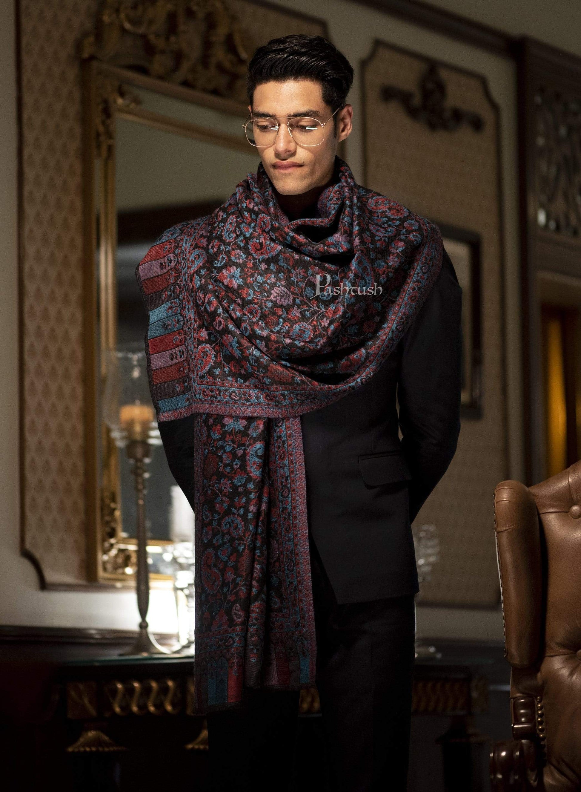 Pashtush India 70x200 Pashtush Mens Soft Wool, Reversible Stole, Scarf, Kaani Weave, Black