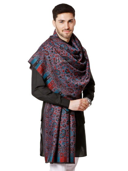 Pashtush India 70x200 Pashtush Mens Soft Wool, Reversible Stole, Scarf, Kaani Weave, Black