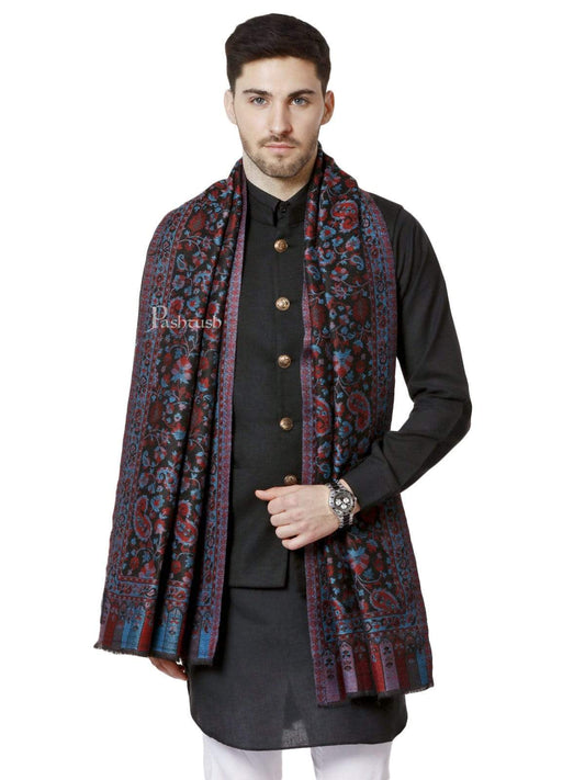 Pashtush India 70x200 Pashtush Mens Soft Wool, Reversible Stole, Scarf, Kaani Weave, Black