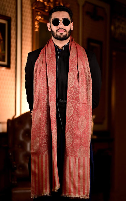 Pashtush India 70x200 Pashtush Mens Soft Wool, Reversible Stole Scarf, Self Paisley Weave, Ruby