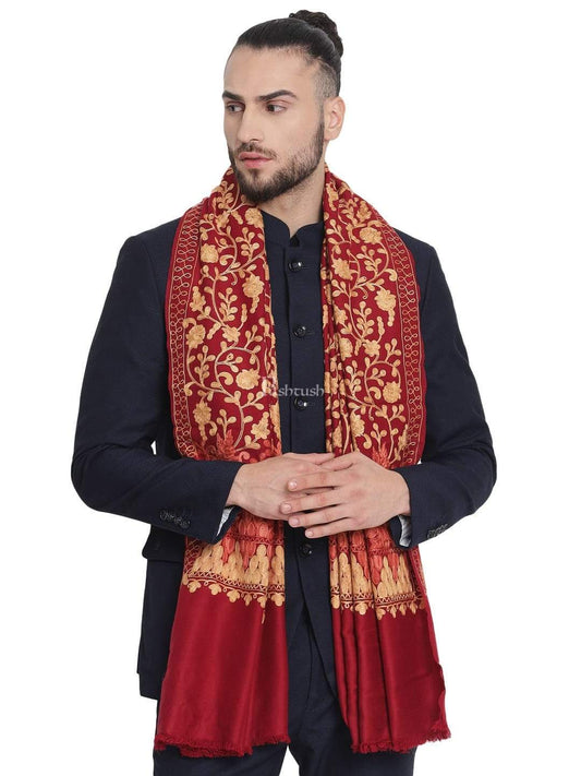 Pashtush India 100x200 Pashtush Mens Stole, Aari Embroidery, Maroon