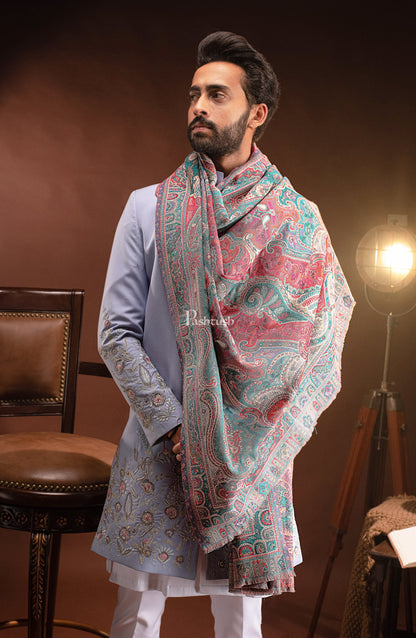 Pashtush India Mens Scarves Stoles and Mufflers Pashtush Mens Stole, Faux Pashmina, Woven Antique Heritage Design, Jamawar, Arabic Blue