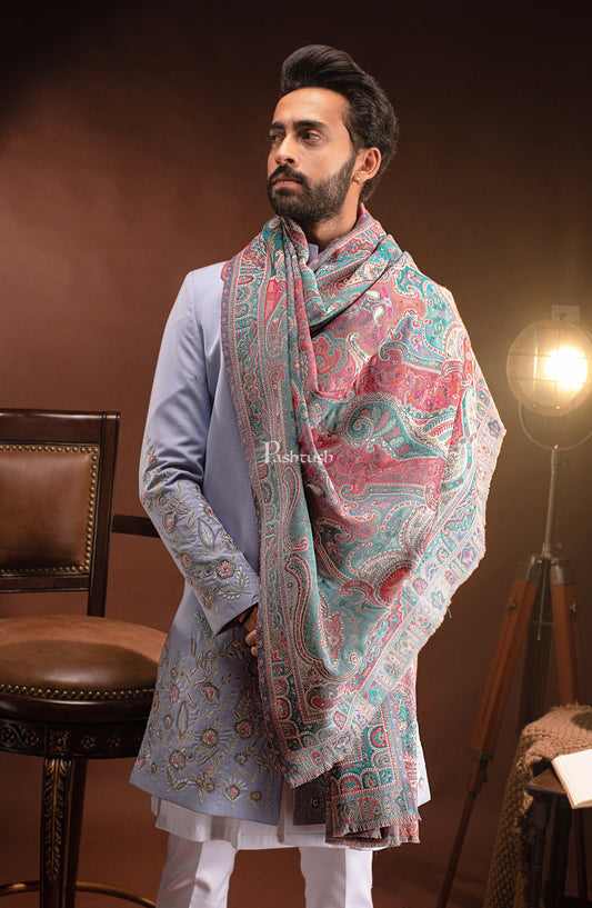Pashtush India Mens Scarves Stoles and Mufflers Pashtush Mens Stole, Faux Pashmina, Woven Antique Heritage Design, Jamawar, Arabic Blue
