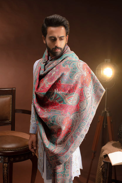 Pashtush India Mens Scarves Stoles and Mufflers Pashtush Mens Stole, Faux Pashmina, Woven Antique Heritage Design, Jamawar, Arabic Blue