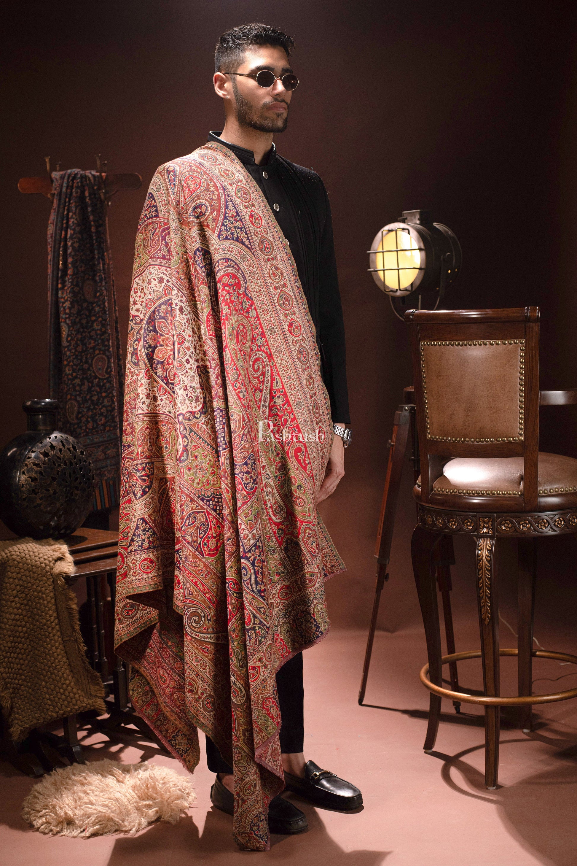Pashtush India Mens Scarves Stoles and Mufflers Pashtush Mens Stole, Faux Pashmina, Woven Antique Heritage Design, Jamawar, Multicolour