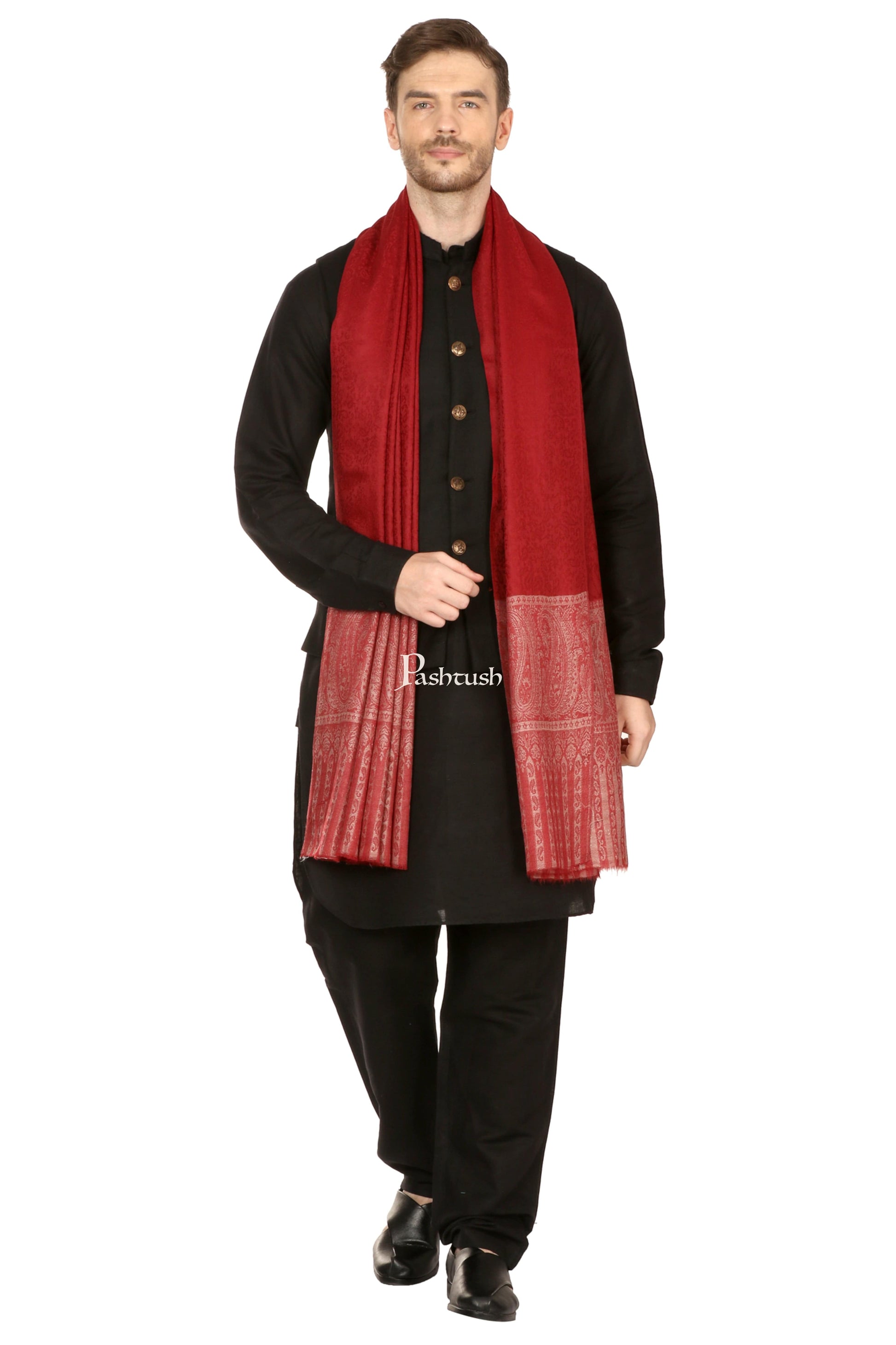 Pashtush India Mens Scarves Stoles and Mufflers Pashtush Mens Stole, Fine Wool Jacquard Weave, Soft And Light Weight Maroon