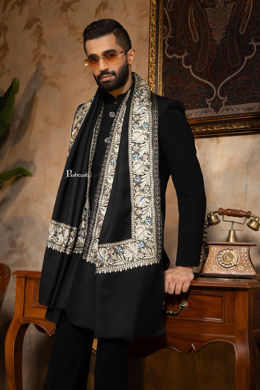 Pashtush India Mens Scarves Stoles and Mufflers Pashtush Mens Stole, Kashmiri Tilla Embroidery, Border Design, Twilight Collection, Black