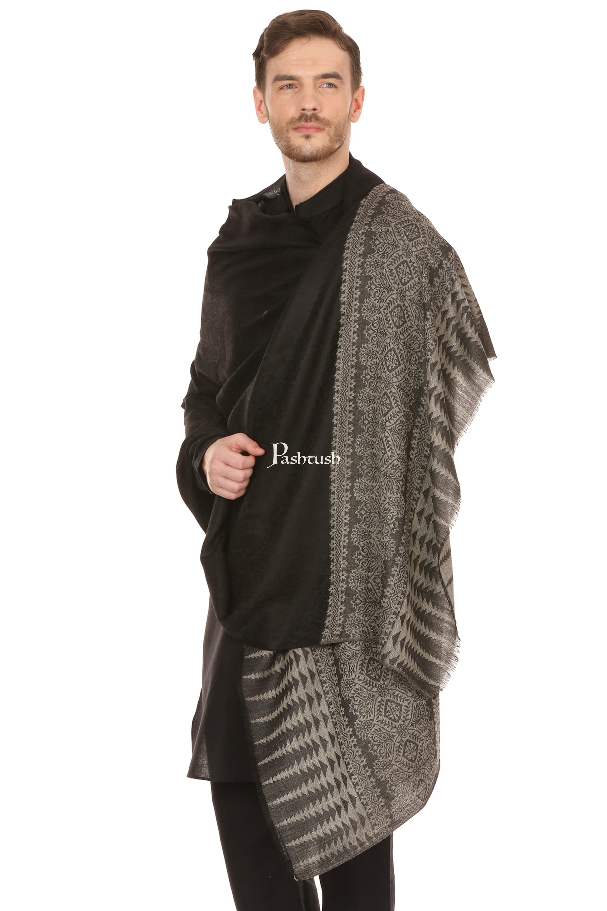 Pashtush India Mens Scarves Stoles and Mufflers Pashtush Mens Stole Scarf, Extra Soft Wool - Rich Black