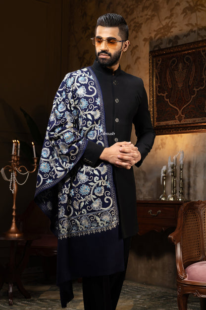 Pashtush India Mens Scarves Stoles and Mufflers Pashtush Mens Stole, Silk Wool Fine Embroidery, Navy Blue