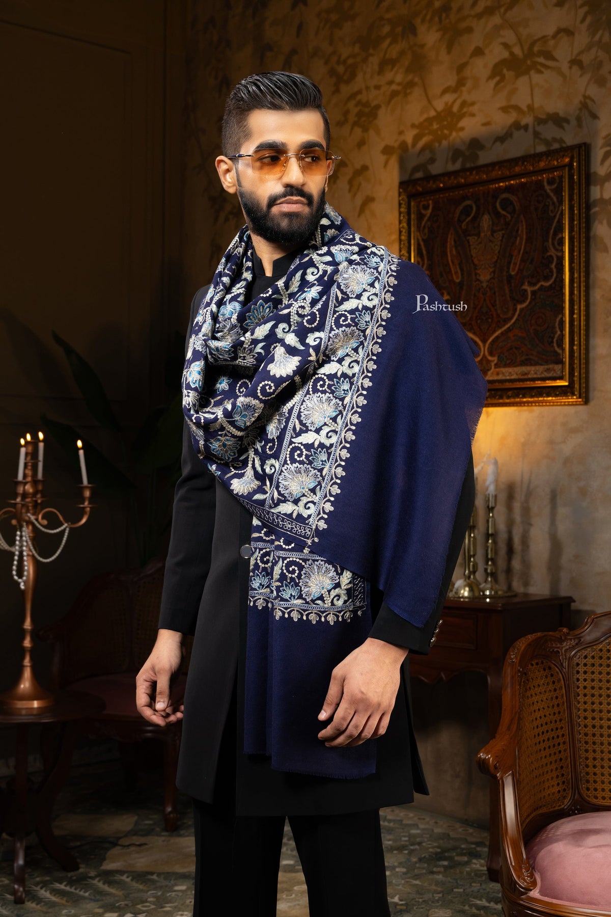 Pashtush India Mens Scarves Stoles and Mufflers Pashtush Mens Stole, Silk Wool Fine Embroidery, Navy Blue