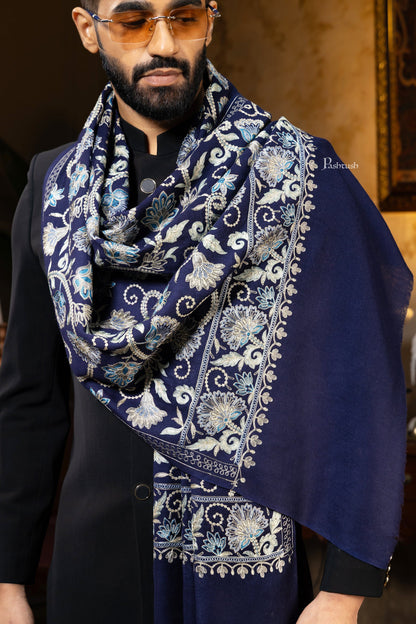 Pashtush India Mens Scarves Stoles and Mufflers Pashtush Mens Stole, Silk Wool Fine Embroidery, Navy Blue