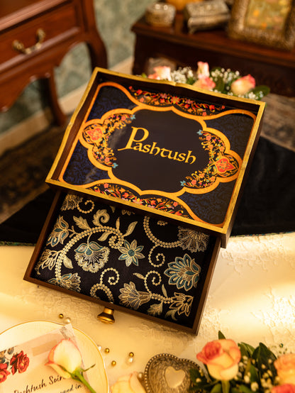 Pashtush India Gift Pack Pashtush Mens Stole, Silk Wool Fine Embroidery, Navy Blue
