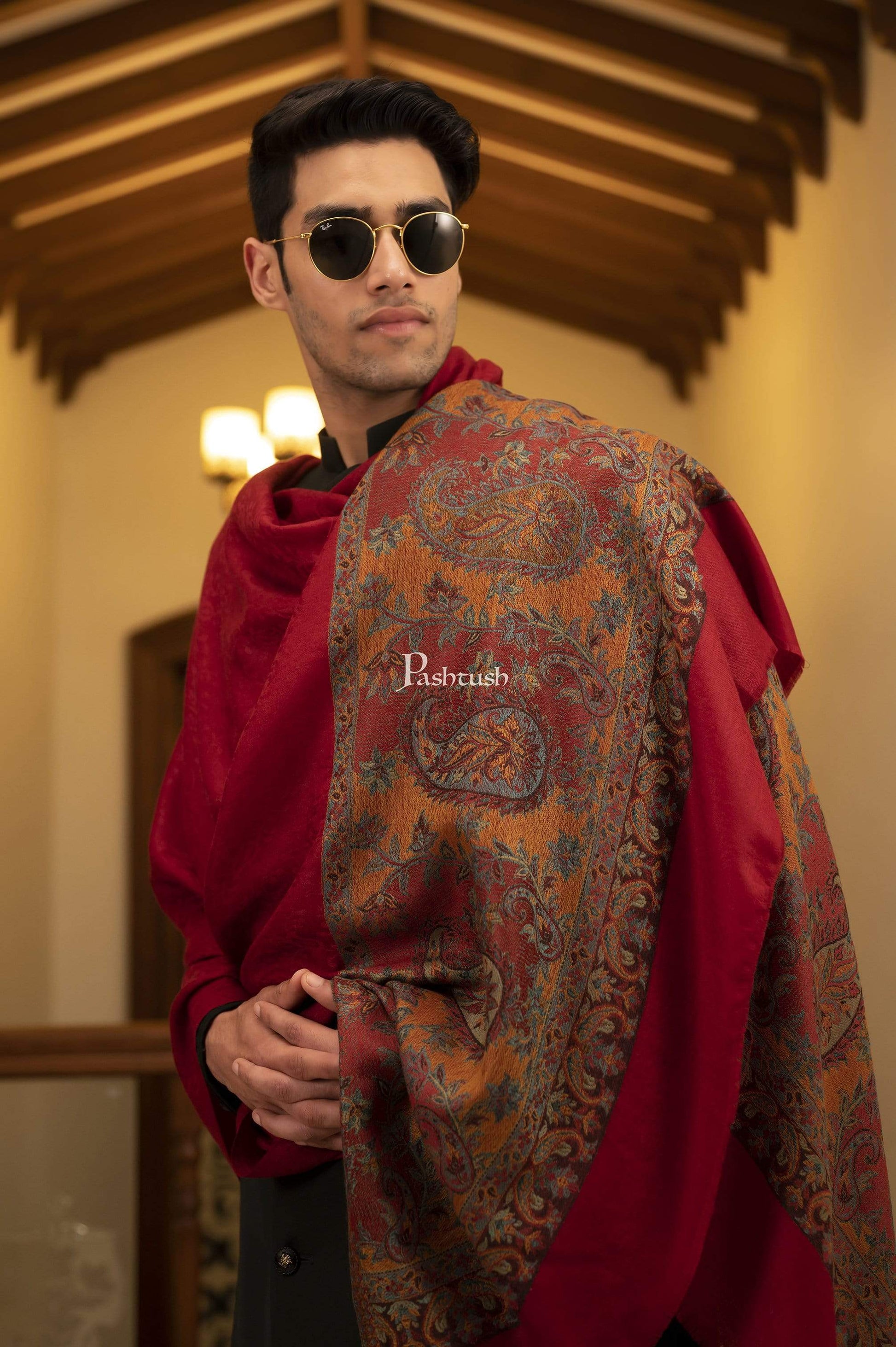 Pashtush Shawl Store Stole Pashtush Mens Stole, Soft Wool with Ambi Weave Palla, Maroon