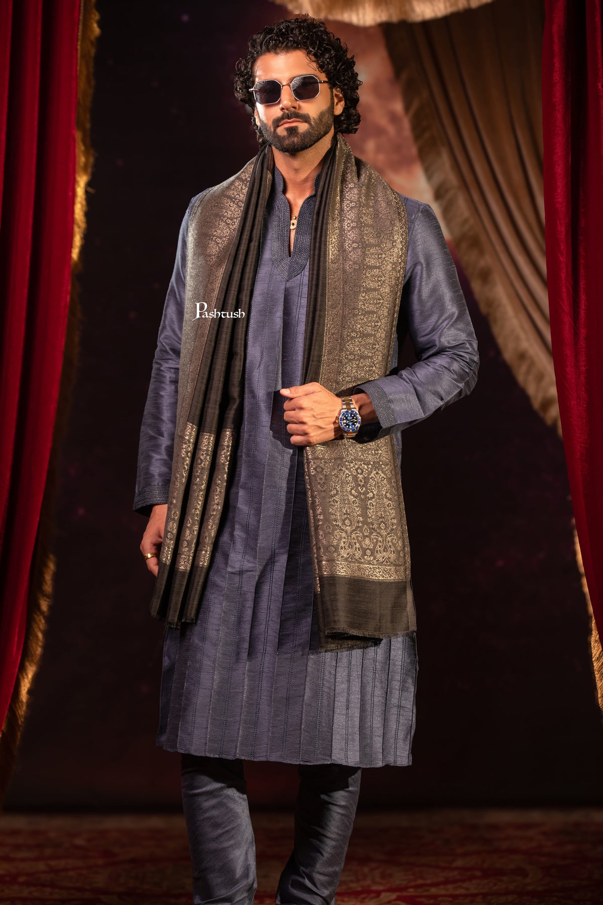 Pashtush India Mens Scarves Stoles and Mufflers Pashtush Mens Stole, Twilight Design, Black
