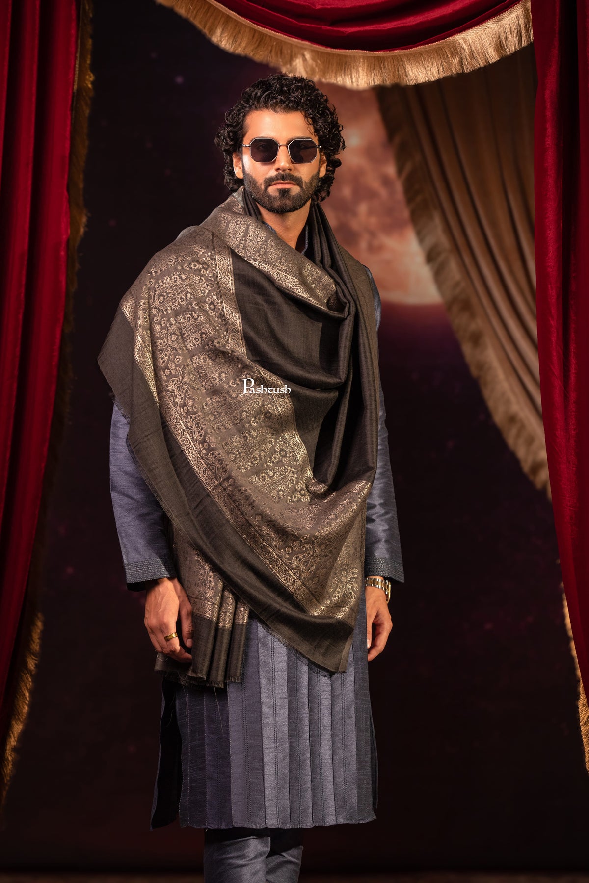 Pashtush India Mens Scarves Stoles and Mufflers Pashtush Mens Stole, Twilight Design, Black